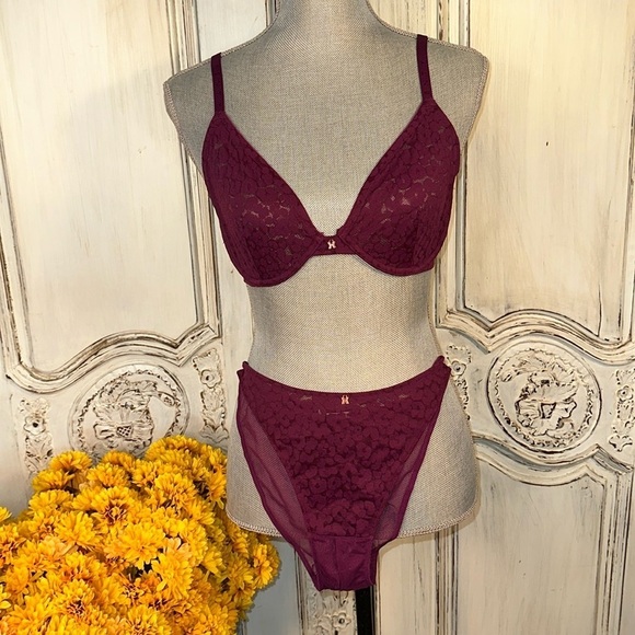 SAVAGE X Fenty by Rihanna NWOT Deep Wine Color Lace Two Piece Set Bra and Panty - Picture 1 of 7